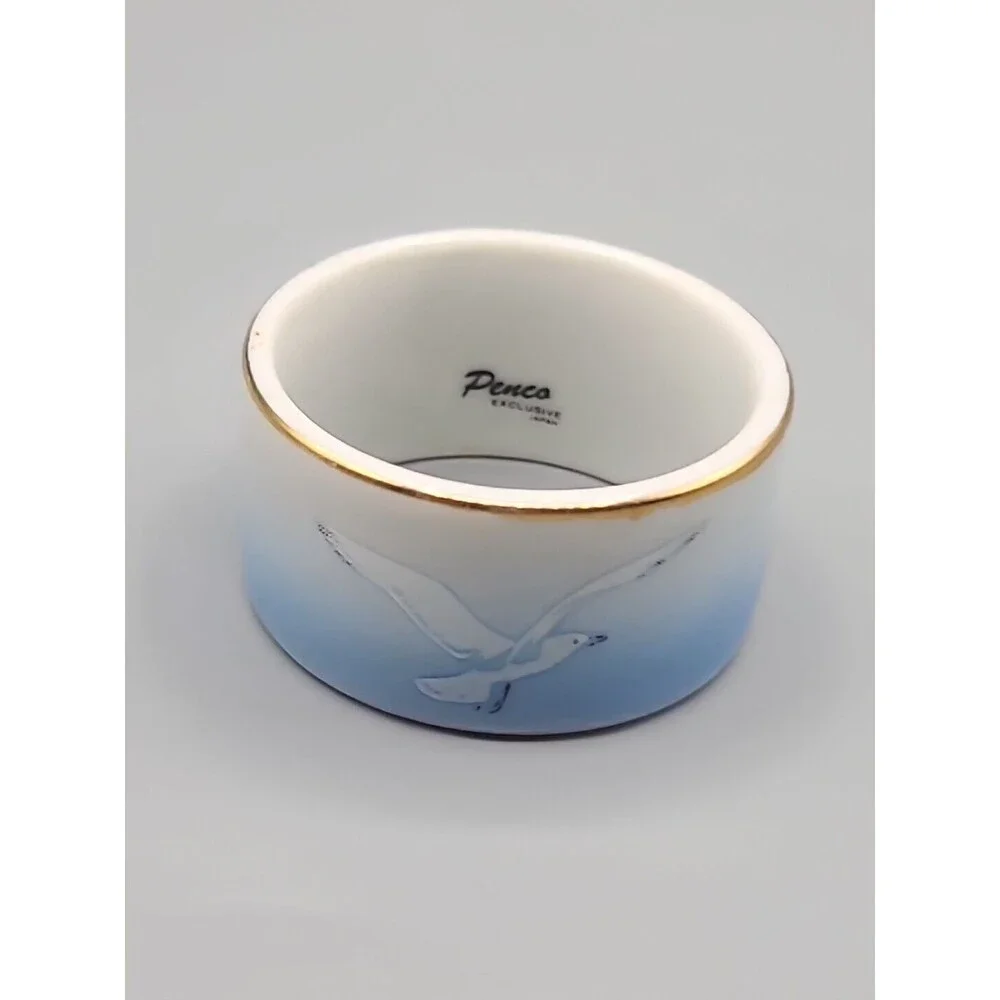 Vintage Penco Exclusive Seagull Porcelain Napkin Holder Blue Ombre Gold Rim Set